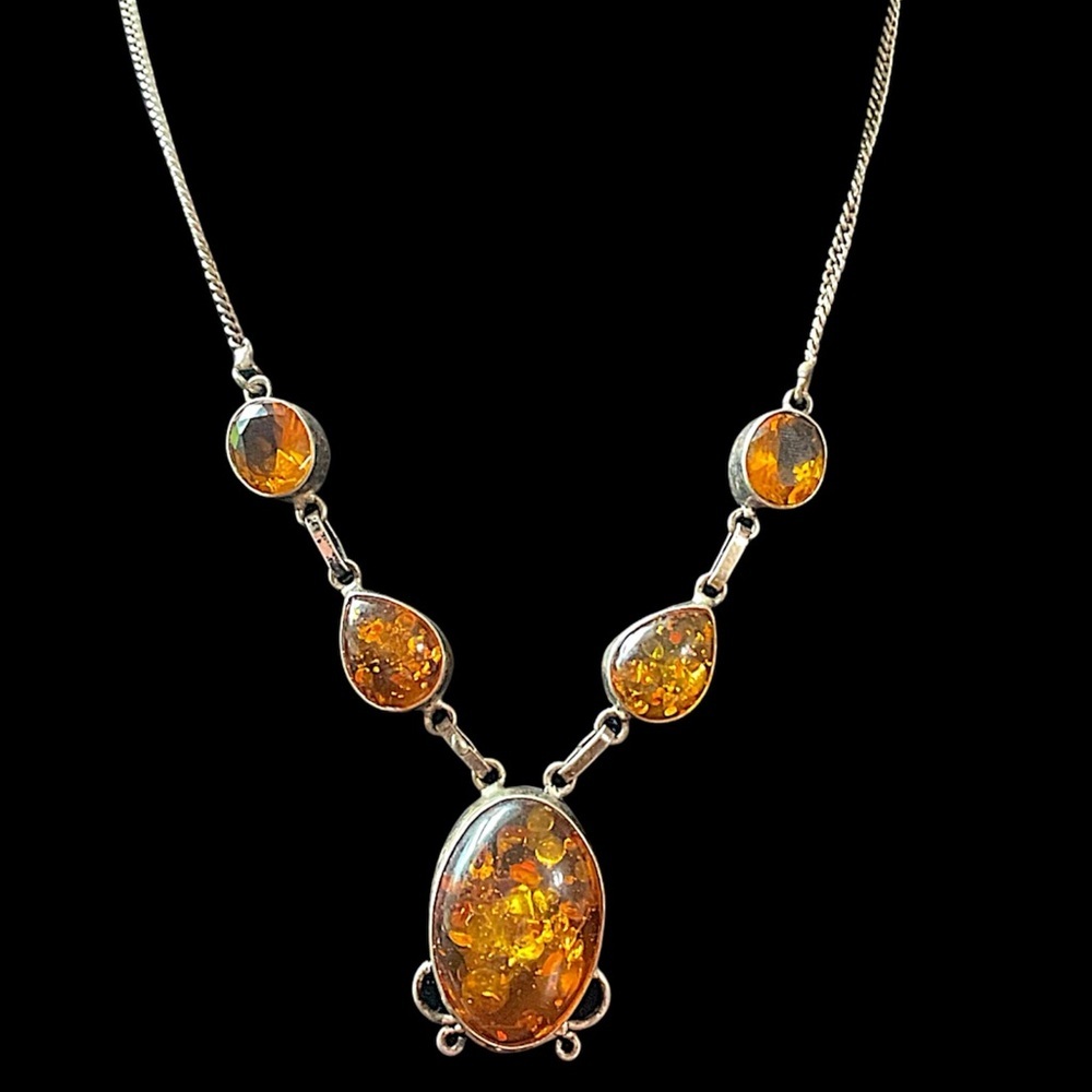 Vintage Sterling Silver Baltic Amber Ornate Necklace 17.75”